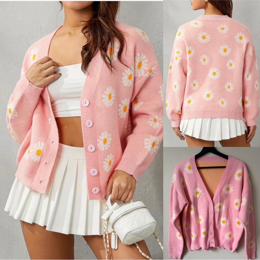Gorgeous Soft Stretchy Pink Daisy Print Cardigan Sweater L